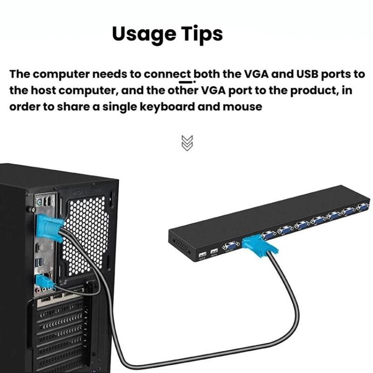 Convertidor KVM VGA de 8 entradas y 1 salida para compartir monitor entre múltiples ordenadores con mando a distancia por infrarrojos., FJGEAR 810UK-M