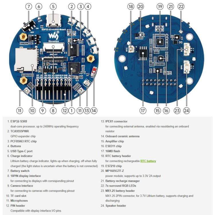 Placa de desarrollo de altavoz inteligente con IA WAVESHARE ESP32-S3, micrófono dual, reducción de ruido, cancelación de eco y efecto de luz RGB envolvente., No Battery, With Battery
