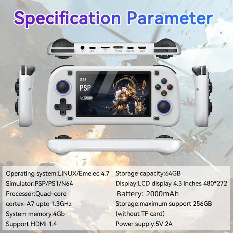 Consola de juegos portátil de código abierto G28, pantalla IPS HD de 4,3 pulgadas, procesador ARM Quad-Core Cortex-A7 de 1,3 GHz, 64 GB.