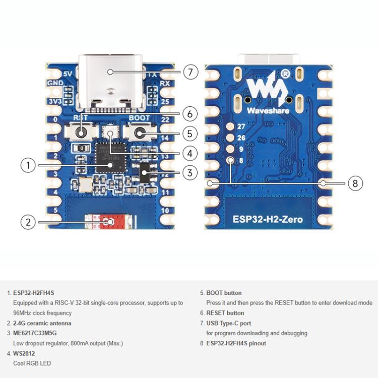 Mini placa de desarrollo compatible con comunicación inalámbrica Bluetooth / Zigbee / Thread, WAVESHARE ESP32-H2-Zero, WAVESHARE ESP32-H2-Zero-M With Pin