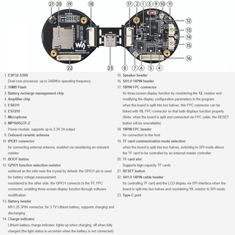 Placa de desarrollo AIoT WAVESHARE ESP32-S3 con pantalla LCD redonda de doble ojo de 1,28 pulgadas, compatible con Wi-Fi/Bluetooth 5., No Touch, Touch