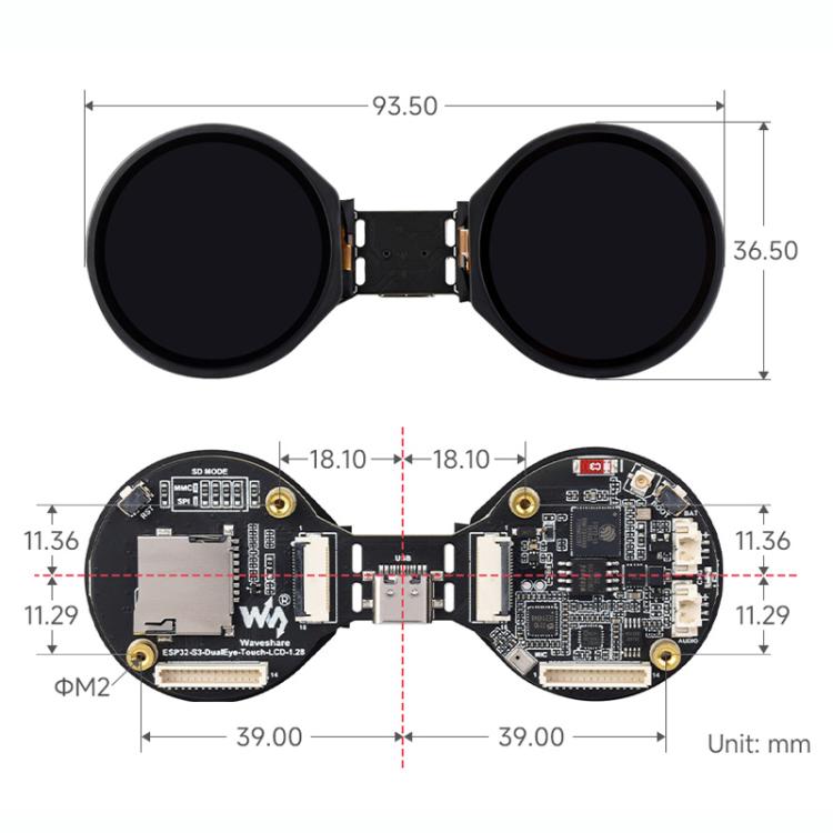Placa de desarrollo AIoT WAVESHARE ESP32-S3 con pantalla LCD redonda de doble ojo de 1,28 pulgadas, compatible con Wi-Fi/Bluetooth 5., No Touch, Touch