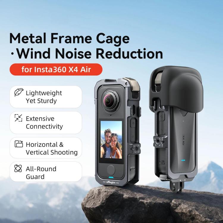 Para Insta360 X4 Air, jaula metálica de liberación rápida aMagisn, marco expandible con reducción de ruido del viento y tapa del objetivo., Metal Cage