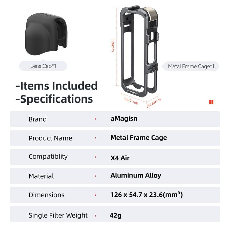 Para Insta360 X4 Air, jaula metálica de liberación rápida aMagisn, marco expandible con reducción de ruido del viento y tapa del objetivo., Metal Cage