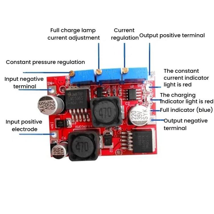2 módulos de carga automática de CC con convertidor elevador-reductor, corriente constante y voltaje constante, con chips LM2596 y XL6019.