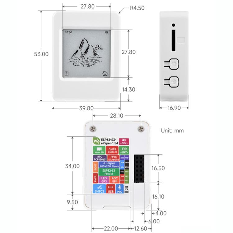 Placa de desarrollo AIoT con pantalla de tinta electrónica WAVESHARE ESP32-S3 de 1,54 pulgadas, With Li-ion Battery, 32299