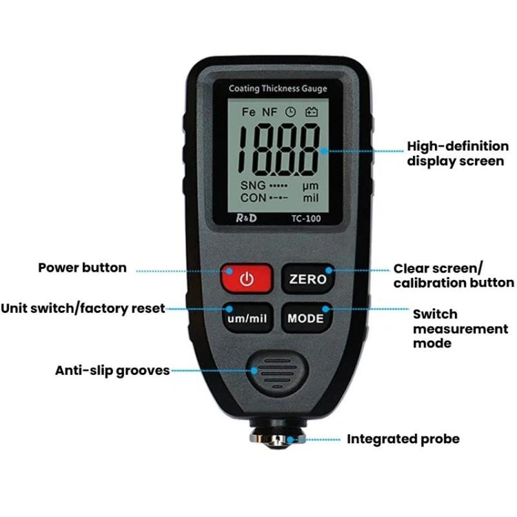 Medidor de espesor de recubrimiento de alta precisión R&D INSTRUMENTS TC-100 Probador de espesor de película de pintura automotriz, TC-100