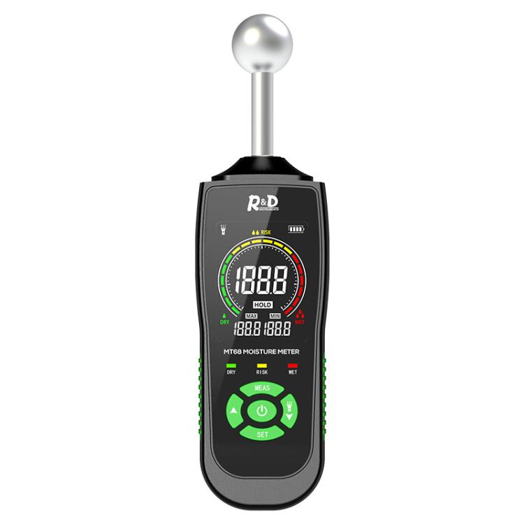 Medidor de humedad de madera esférico MT68 de R&D INSTRUMENTS con alarma de pantalla digital