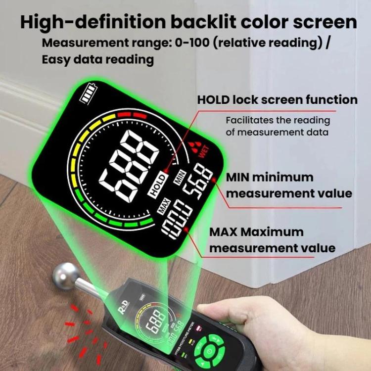 Medidor de humedad de madera esférico MT68 de R&D INSTRUMENTS con alarma de pantalla digital
