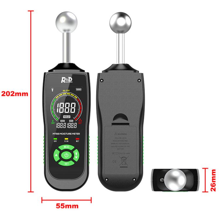Medidor de humedad de madera esférico MT68 de R&D INSTRUMENTS con alarma de pantalla digital