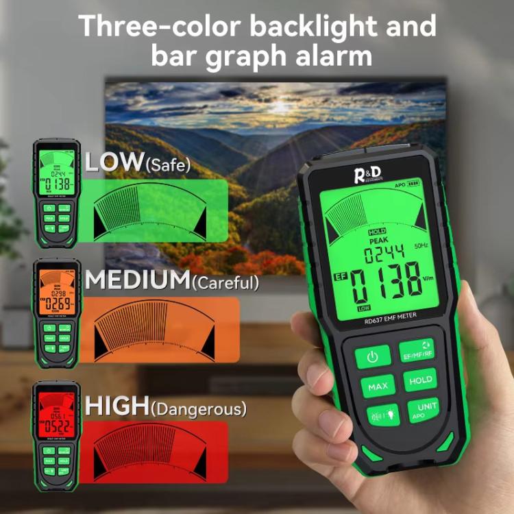 Probador de radiación electromagnética recargable RD637 3 en 1 con pantalla digital y alarma, de R&D INSTRUMENTS, RD637
