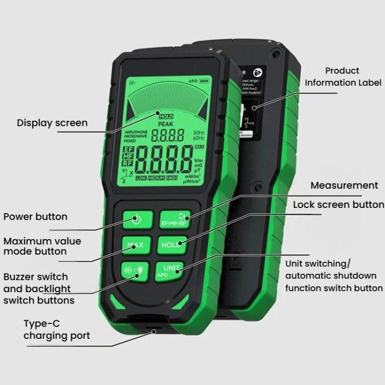 Probador de radiación electromagnética recargable RD637 3 en 1 con pantalla digital y alarma, de R&D INSTRUMENTS, RD637