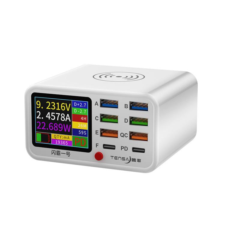 Estación de carga USB TENSAI de 65 W con 8 puertos, pantalla LCD de 1,8 pulgadas y cargador inalámbrico de 15 W., EU Plug, US Plug, UK Plug