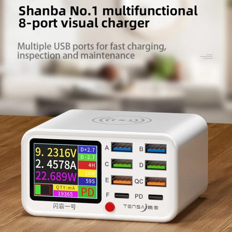 Estación de carga USB TENSAI de 65 W con 8 puertos, pantalla LCD de 1,8 pulgadas y cargador inalámbrico de 15 W., EU Plug, US Plug, UK Plug