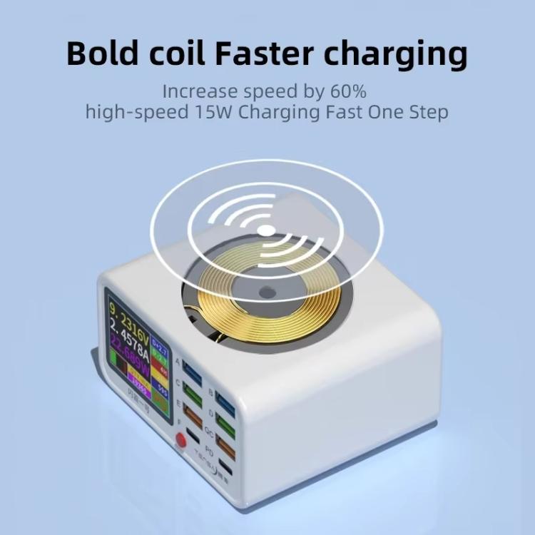 Estación de carga USB TENSAI de 65 W con 8 puertos, pantalla LCD de 1,8 pulgadas y cargador inalámbrico de 15 W., EU Plug, US Plug, UK Plug