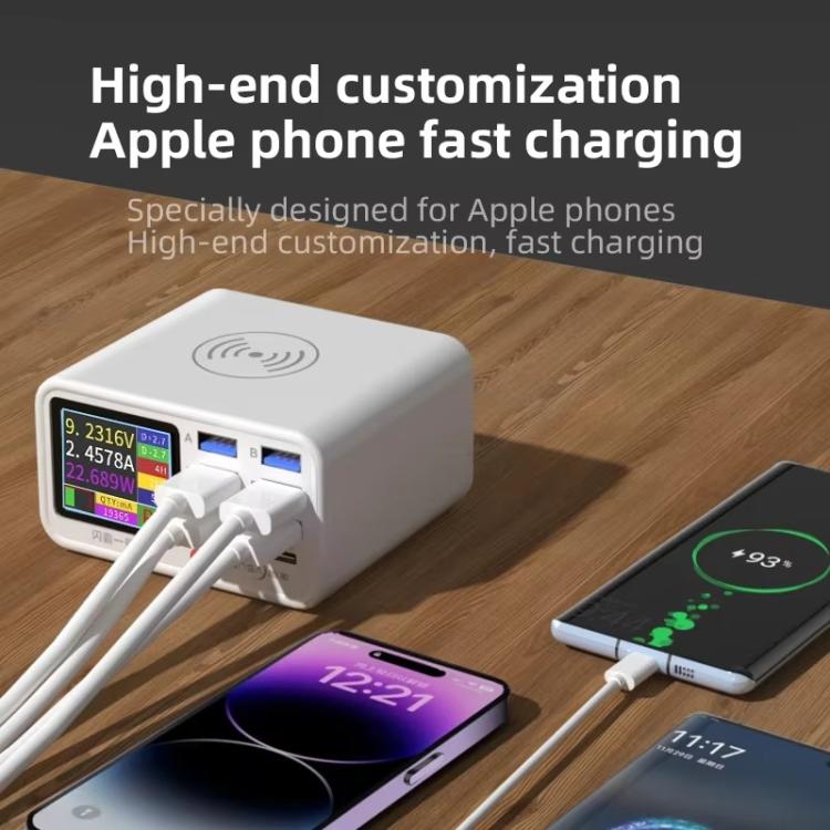 Estación de carga USB TENSAI de 65 W con 8 puertos, pantalla LCD de 1,8 pulgadas y cargador inalámbrico de 15 W., EU Plug, US Plug, UK Plug