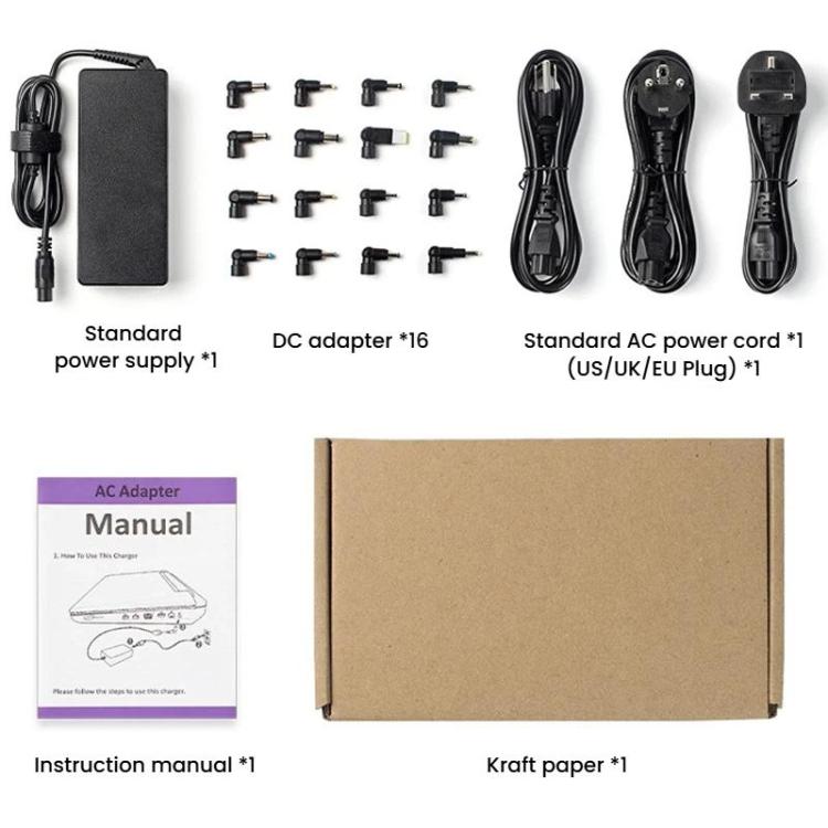Adaptador de corriente universal multifuncional para portátil de 90 W, 19,5 V y 4,62 A con 16 conectores., US Plug, EU Plug, UK Plug