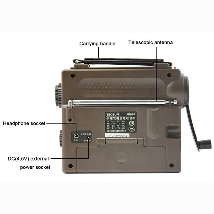 Radio portátil de emergencia TECSUN GR-88P con manivela y funciones FM/MW/SW
