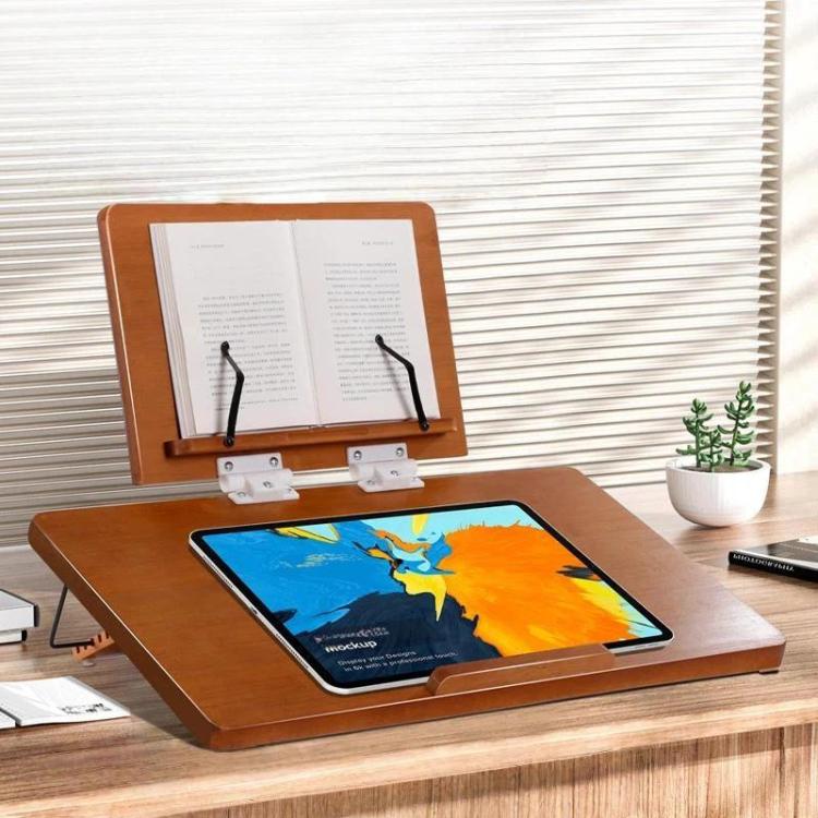 Soporte de lectura de bambú de 2 niveles para tablet, con altura ajustable en 6 niveles, reposalibros y elevador para portátil., 50x36cm Brown, 65x36cm Brown, 50x36cm Light, 65x36cm Light