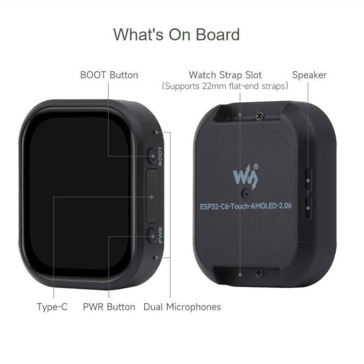 Placa de desarrollo para reloj con pantalla táctil AMOLED WAVESHARE ESP32-C6 de 2,06 pulgadas, 410x502 píxeles, With Lithium Battery, No Lithium Battery