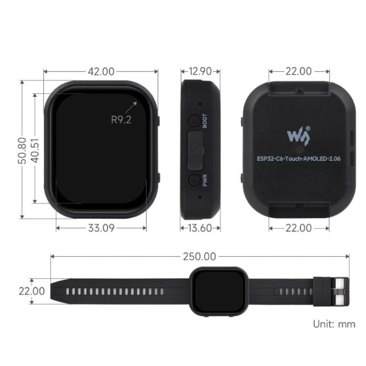 Placa de desarrollo para reloj con pantalla táctil AMOLED WAVESHARE ESP32-C6 de 2,06 pulgadas, 410x502 píxeles, With Lithium Battery, No Lithium Battery
