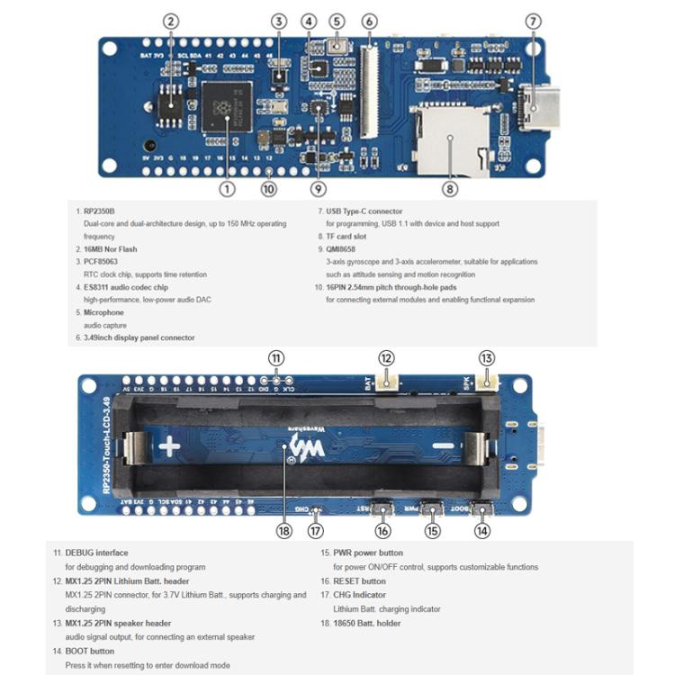 Placa de desarrollo de alto rendimiento WAVESHARE RP2350 con pantalla táctil capacitiva de 3,49 pulgadas, resolución 172 x 640 y arquitectura de doble núcleo., With Lithium Battery, No Lithium Battery