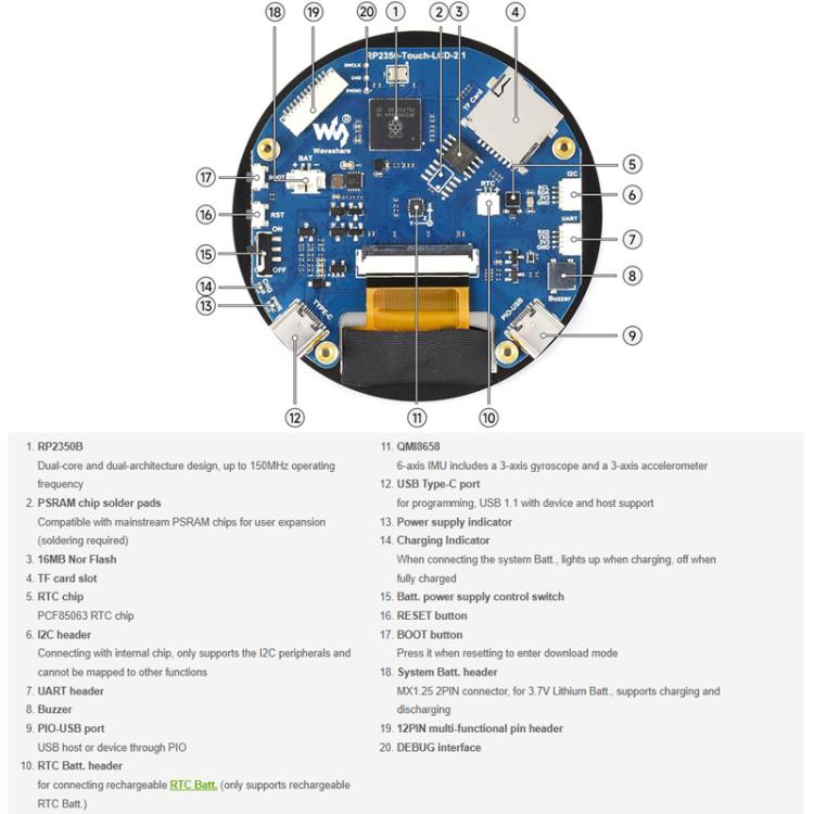 Placa de desarrollo de pantalla redonda táctil capacitiva WAVESHARE RP2350 de 2,1 pulgadas, Flat, 2.5D Curved