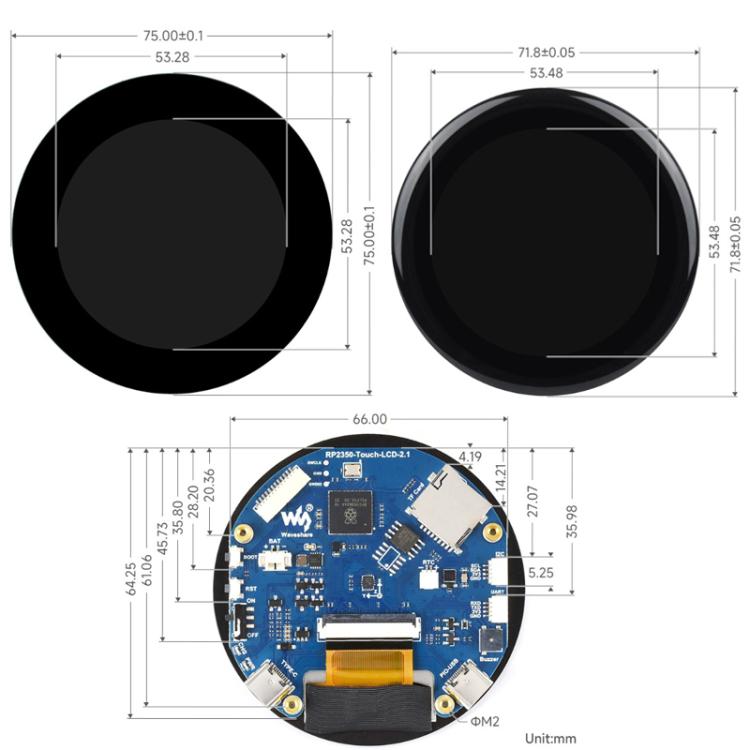 Placa de desarrollo de pantalla redonda táctil capacitiva WAVESHARE RP2350 de 2,1 pulgadas, Flat, 2.5D Curved