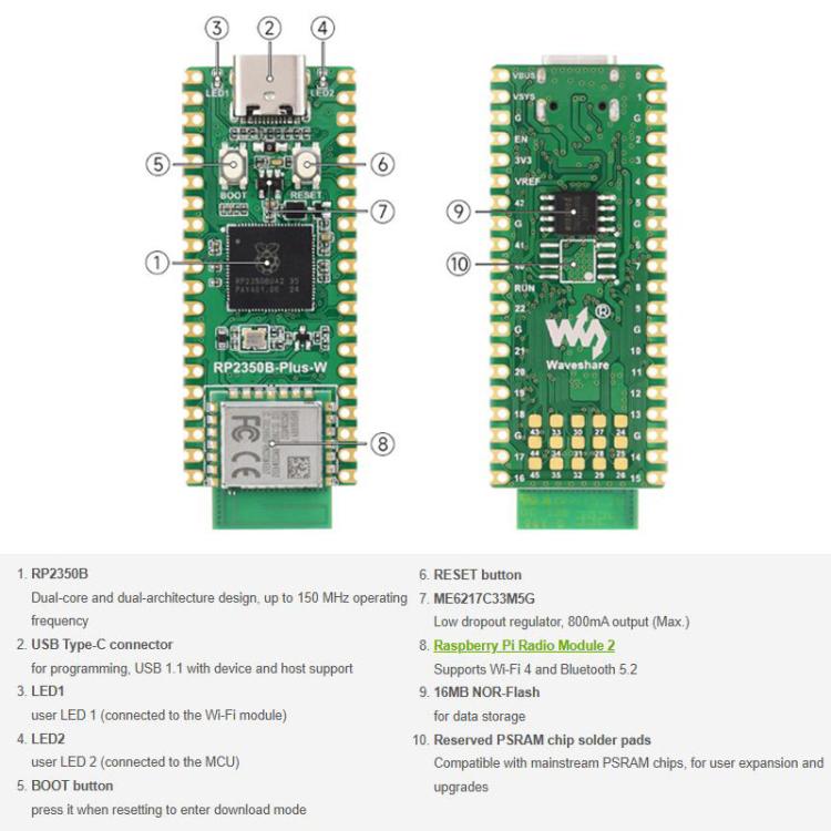 Placa de desarrollo WAVESHARE RP2350B-Plus-W para Raspberry Pi con microcontrolador de doble núcleo RP2350B, compatible con Wi-Fi y Bluetooth., 32048