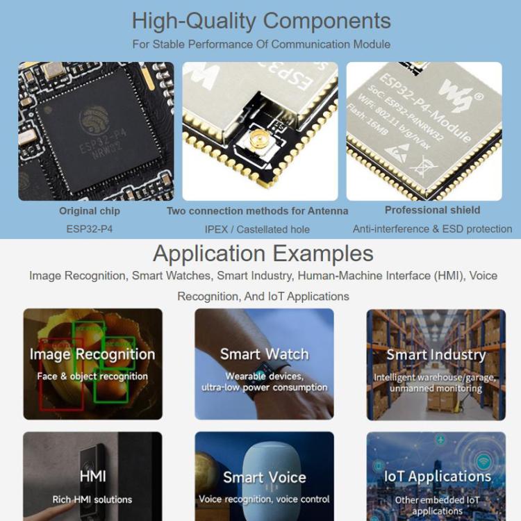 La placa base del módulo ESP32-P4 de WAVESHARE admite Wi-Fi de 2,4 GHz y Bluetooth 5.3., 16MB, 32MB