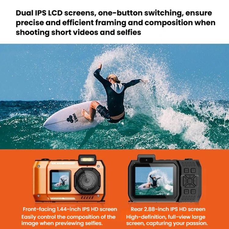 Cámara selfie HD D50 con doble pantalla, resistente al agua IP68, para exteriores y uso subacuático.