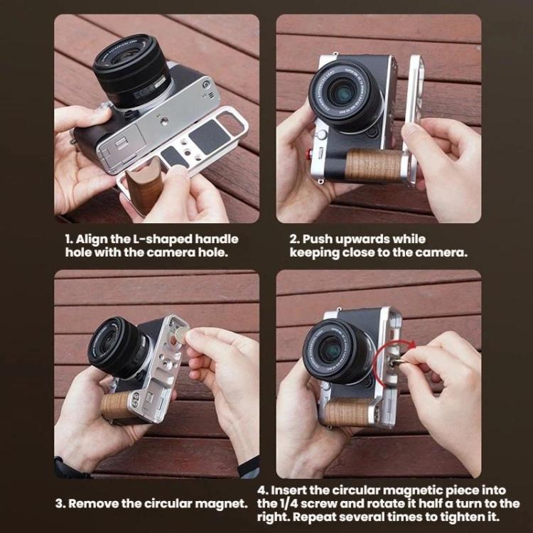 Montura de zapata fría en forma de L Flymile para cámara Fujifilm X-E5, para disparo con una sola mano., Black Ebony, Silver Walnut