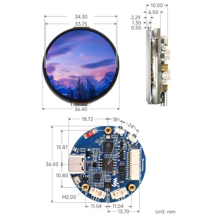 Placa de desarrollo para pantalla táctil redonda AMOLED de 1,32 pulgadas, 32766