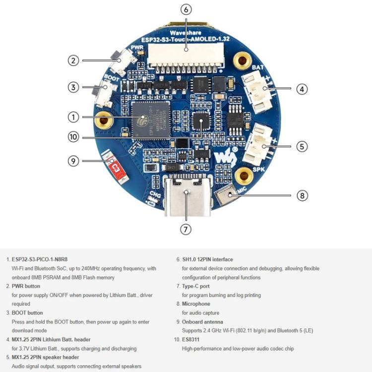 Placa de desarrollo para pantalla táctil redonda AMOLED de 1,32 pulgadas, 32767