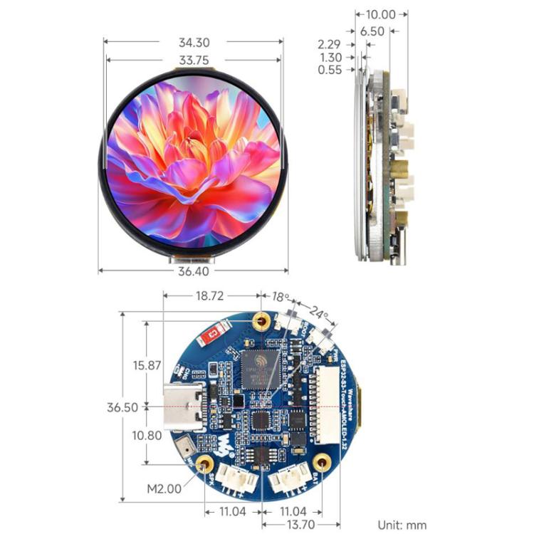 Placa de desarrollo para pantalla táctil redonda AMOLED de 1,32 pulgadas, 32767