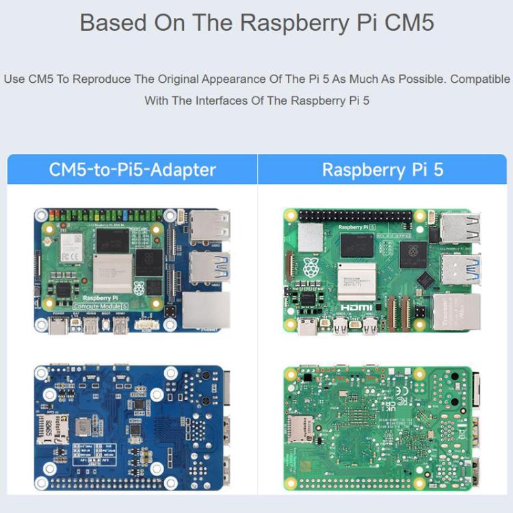 Adaptador WAVESHARE CM5 a Pi5 para Raspberry Pi 5. La placa adaptadora CM5 a Pi 5 permite la conexión a un micrófono., 32049