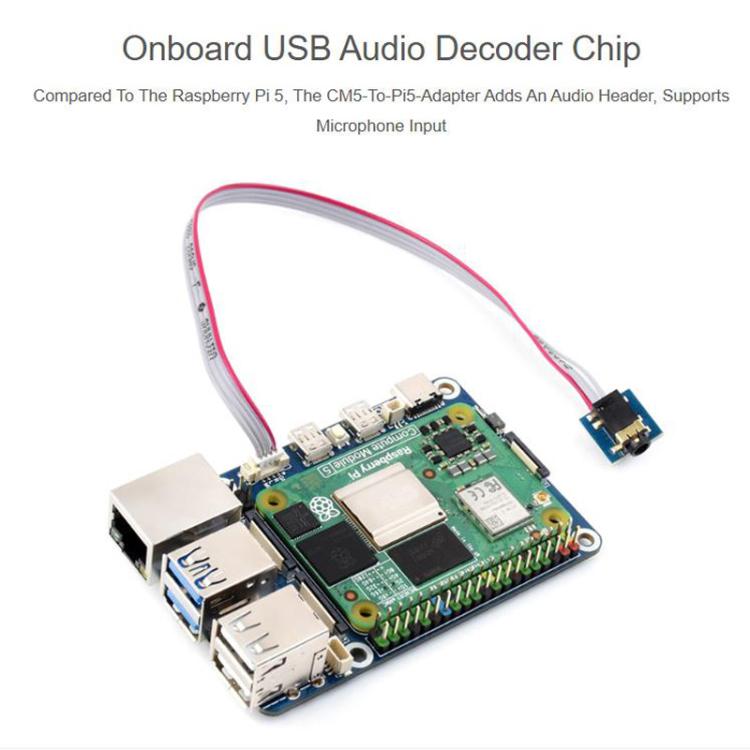 Adaptador WAVESHARE CM5 a Pi5 para Raspberry Pi 5. La placa adaptadora CM5 a Pi 5 permite la conexión a un micrófono., 32049