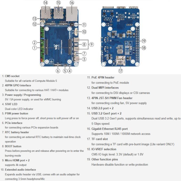 Adaptador WAVESHARE CM5 a Pi5 para Raspberry Pi 5. La placa adaptadora CM5 a Pi 5 permite la conexión a un micrófono., 32049