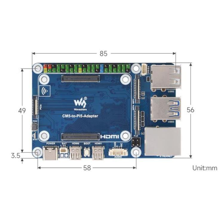 Adaptador WAVESHARE CM5 a Pi5 para Raspberry Pi 5. La placa adaptadora CM5 a Pi 5 permite la conexión a un micrófono., 32049