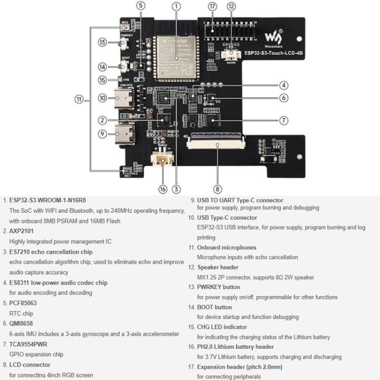 WAVESHARE ESP32-S3-Touch-LCD-4B Smart 86 Box de 4 pulgadas, táctil de 5 puntos, interfaz RGB