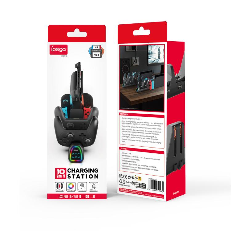 Base de carga ipega 10 en 1 para Nintendo Switch 2 / Switch Joy-Con y mandos Switch 2 Pro (versión con conector USB), PG-SW2187