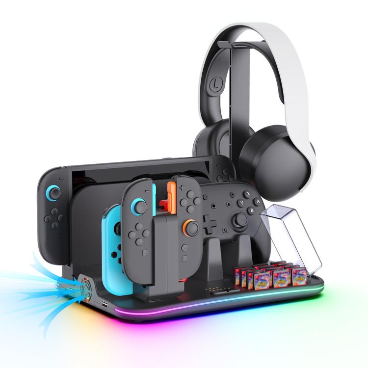 Base de carga multifunción 12 en 1 ipega para Nintendo Switch 2/Switch Joy-Con, base para mando Pro, ventilador de refrigeración y organizador de almacenamiento para juegos y auriculares., 12-in-1
