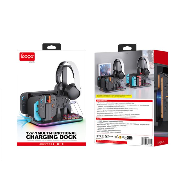 Base de carga multifunción 12 en 1 ipega para Nintendo Switch 2/Switch Joy-Con, base para mando Pro, ventilador de refrigeración y organizador de almacenamiento para juegos y auriculares., 12-in-1