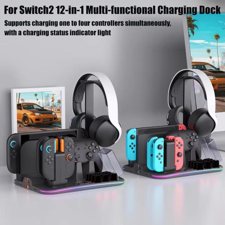 Base de carga multifunción 12 en 1 ipega para Nintendo Switch 2/Switch Joy-Con, base para mando Pro, ventilador de refrigeración y organizador de almacenamiento para juegos y auriculares., 12-in-1