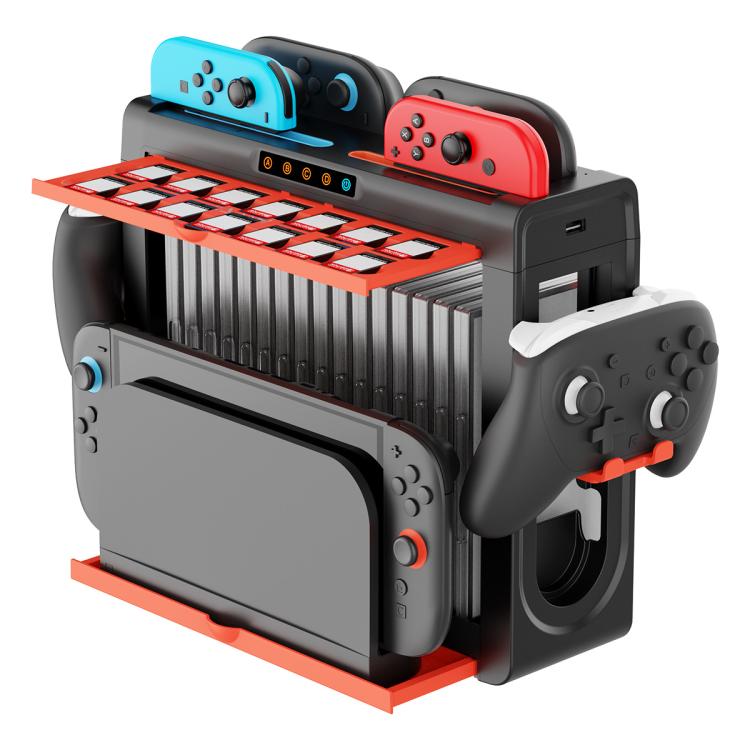 Base de carga y soporte de almacenamiento multifunción 6 en 1 ipega para Nintendo Switch 2 / Switch Joy-Con con 14 ranuras para tarjetas de juego y estuche para juegos de 16 compartimentos., 6-in-1
