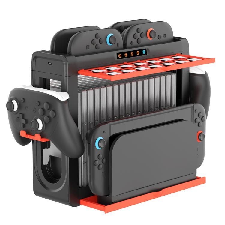 Base de carga y soporte de almacenamiento multifunción 6 en 1 ipega para Nintendo Switch 2 / Switch Joy-Con con 14 ranuras para tarjetas de juego y estuche para juegos de 16 compartimentos., 6-in-1