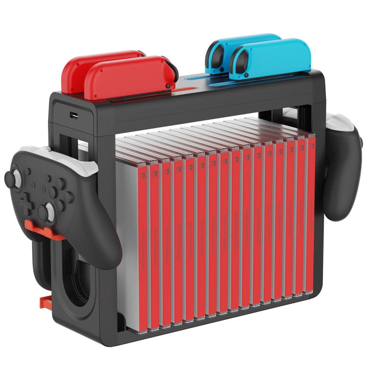 Base de carga y soporte de almacenamiento multifunción 6 en 1 ipega para Nintendo Switch 2 / Switch Joy-Con con 14 ranuras para tarjetas de juego y estuche para juegos de 16 compartimentos., 6-in-1