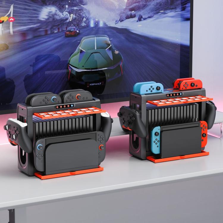 Base de carga y soporte de almacenamiento multifunción 6 en 1 ipega para Nintendo Switch 2 / Switch Joy-Con con 14 ranuras para tarjetas de juego y estuche para juegos de 16 compartimentos., 6-in-1