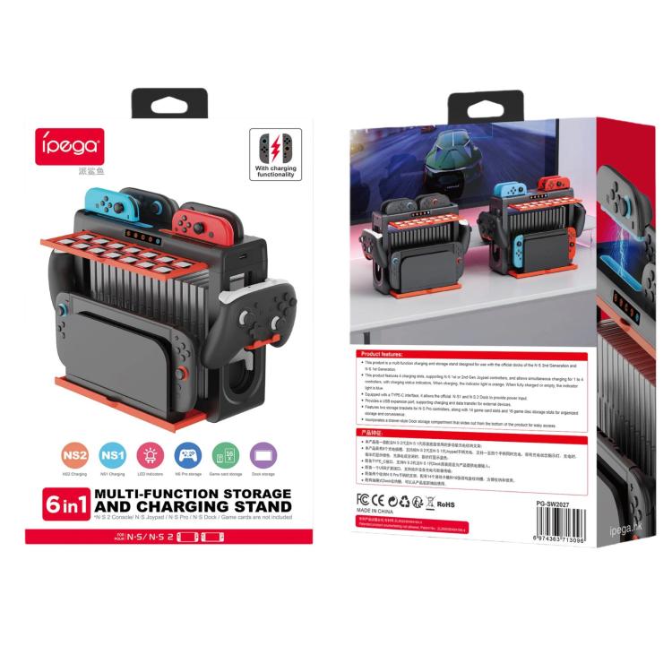 Base de carga y soporte de almacenamiento multifunción 6 en 1 ipega para Nintendo Switch 2 / Switch Joy-Con con 14 ranuras para tarjetas de juego y estuche para juegos de 16 compartimentos., 6-in-1