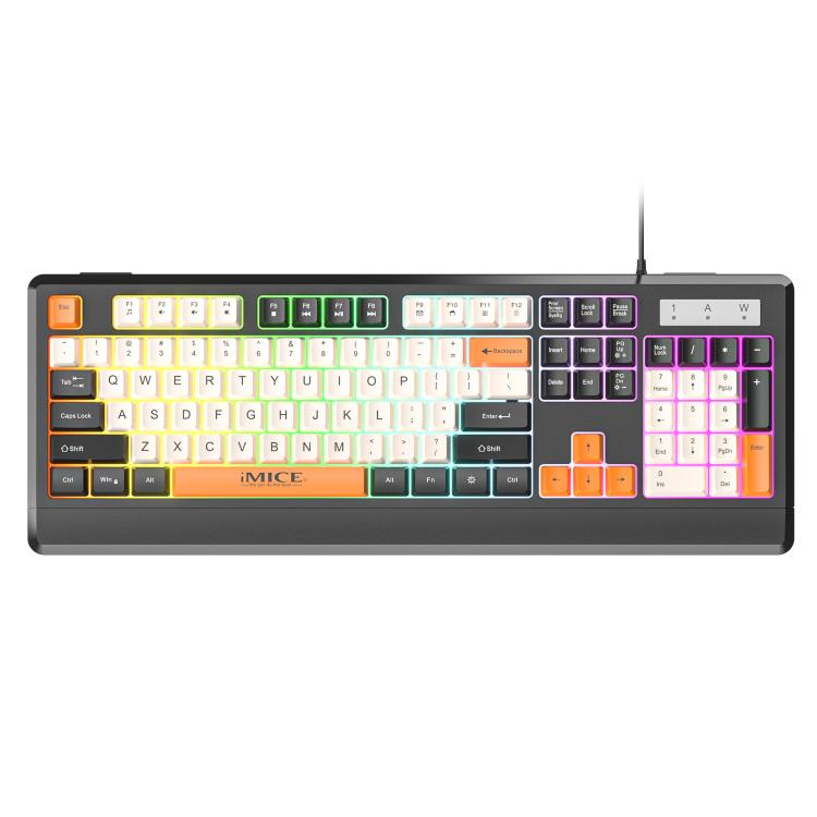 Teclado iMICE AK-100 con cable USB, retroiluminación arcoíris y teclas con bloques de color.